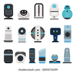 Flat smart speakers and home voice assistant devices. Audio ai control interface for internet of things. Digital house technology vector set. Illustration of voice speaker device