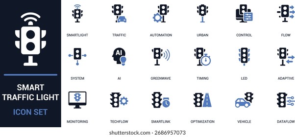 Conjunto de iconos de semáforo inteligente plano con diseños de IA, automatización, led, control, adaptativo, temporización y flujo de datos. Ideal para proyectos de ciudades inteligentes, transporte, seguridad vial y tecnología.