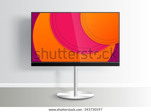 Flat Smart TV\
with colorful picture on screen on the Floor Stand, room, flat\
screen lcd, realistic, vector\
Mockup