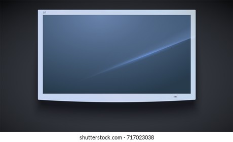 Flat smart TV icon, LED TV hanging, isolated on the dark background. Widescreen monitor, light TV screen, template of graphic, 3D illustration