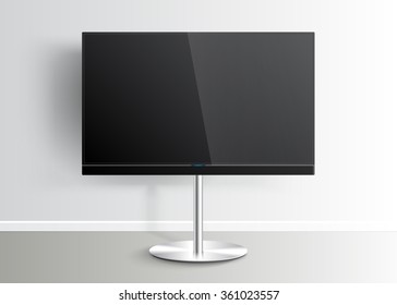 Flat Smart TV Mockup With Blank Screen On The Floor Stand, Sound Bar, Lcd, Realistic, Vector