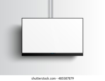 Flat Smart TV Mockup With Blank White Screen Hanging On The Tube, Soundbar, Lcd Realistic Vector Illustration