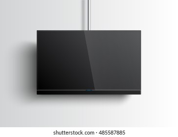 Flat Smart TV Mockup With Blank Screen Hanging On The Tube, Soundbar, Lcd Realistic Vector Illustration