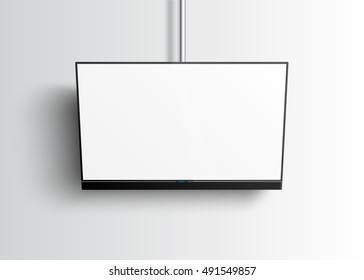 Flat Smart TV Mockup With Blank White Screen Hanging On The Tube, Soundbar, Realistic Vector Illustration