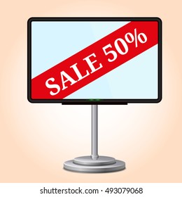 Flat Smart TV Mockup with blank screen on the Floor Stand, soundbar, flat screen lcd, realistic, vector. Smart Tv with sale banners on screen