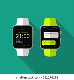 Flat smart watch, concept with long shadow. Vector icon, illustration. Modern design