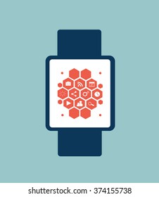 Flat Smart watch with icons blue