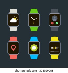 Flat smart watch icons isolated on black background. Vector illustration.