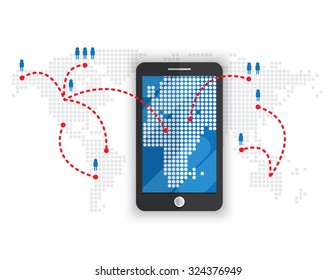 flat smartphone connection on dotted map background illustration vector