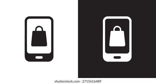 Icono plano del smartphone con el símbolo del bolso de compras para el comercio electrónico y los App minoristas en línea