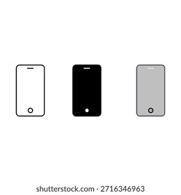 Ilustraciones planas de smartphone en tres colores
Tres gráficos de smartphone de estilo plano dispuestos uno al lado del otro en negro, blanco y gris. Cada dispositivo incluye un altavoz superior y un Botón inferior.