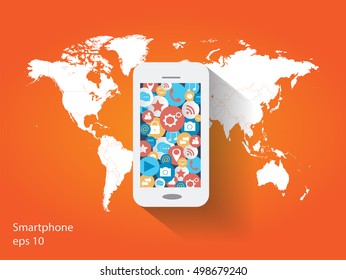 Flat Smartphone infographic with world map media orange