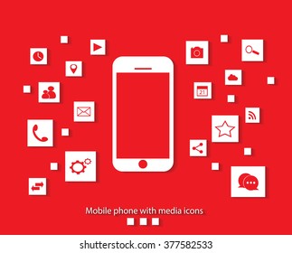 Flat smartphone with media icons background vector red