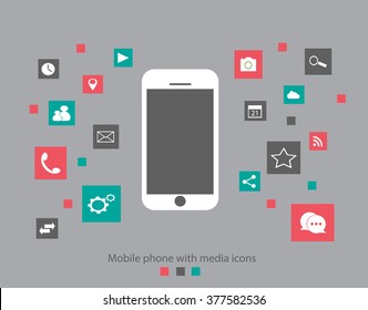 Flat smartphone with media icons background vector white
