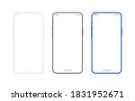 Flat smartphone mockup set white, black and blue colors. Generic mobile phone in front view and empty screen for app design or web site presentation. Outline vector device frame in front view.