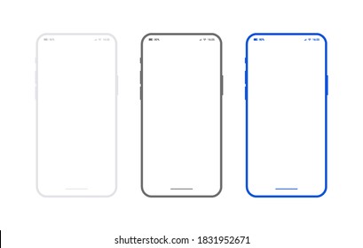 Flat smartphone mockup set white, black and blue colors. Generic mobile phone in front view and empty screen for app design or web site presentation. Outline vector device frame in front view.