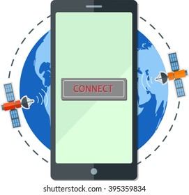 Flat smartphone on the background of satellites and earth. Eps 10.