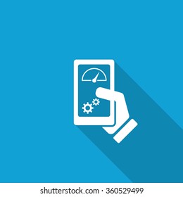 Flat Smartphone Test icon with long shadow on blue backround