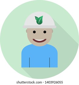 flat smile man in white construction helmet with leaves logo icon on green background