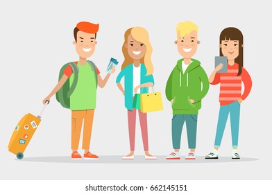 Flat Smiley teens with baggage, tickets and map, girl holding smartphone vector illustration. Vacation concept.