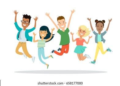 Flat smiley teens jumping vector illustration. Happy youth concept.