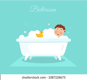 Flat smiling boy with yellow duck taking shower in bath. Cartoon hygiene illustration
