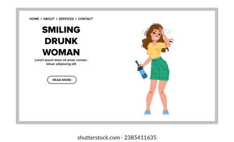 vector mujer borracha sonriente llana. diversión feliz, sonrisa femenina, persona de vidrio sonriente mujer borracha web lisa ilustración de caricatura