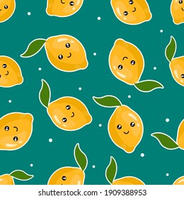 Flache, lächelnde Zitronen mit Blättern und weißen Punkten auf grauem Hintergrund. Nahtloses kawaii-Fruchtmuster. Geeignet für Textilien, Wickelpapier.
