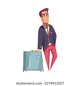 Flat smiling man with metal safe full of banknotes vector illustration