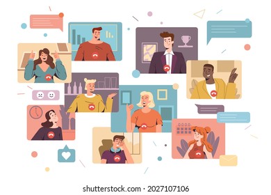 Flat smiling men and women work remotely and have corporate virtual discussion. Diverse employees participating in distance video conference call. Friends meeting up online. Web communication concept.
