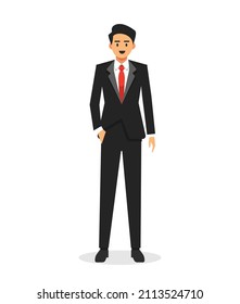 flat smiling young man standing with tuxedo, business man, worker, success at young age.