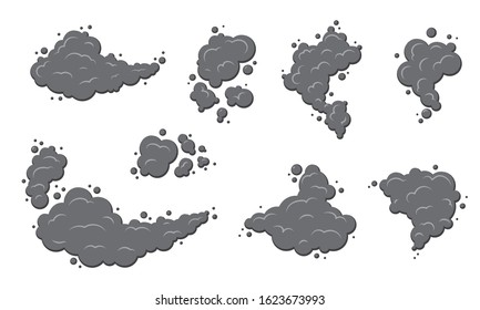 Flat smoke cloud set. Smoking, smog, dust clouds. 