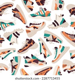 Flat sneakers seamless pattern. Stylish sportswear, trendy fitness training shoes. Modern casual footwear flat vector background illustration