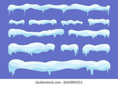 Coleção de feixes de neve plana com pilha macia e formas de deriva gelada. Elementos de tampa congelados para layout de desenho animado horizontal e telhado. Moldura de inverno isolada com cicles e efeito nevado.