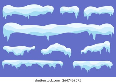 Flat snow bundle collection with fluffy heap and icy drift shapes. Frozen cap elements for roof and horizontal cartoon layout. Isolated winter frame with icicles and snowy effect.