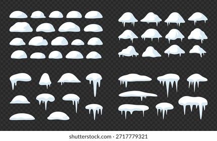 Flache Schneekappen und Eistropfen-Set mit Winterfrostformen, Eisrand, Eisschmelze einzeln auf transparentem Hintergrund