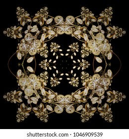 Flat snow doodle icons, snow flakes silhouette for christmas banner, cards. New year snowflake. Cute abstract snowflake vector design on black, brown and beige colors.