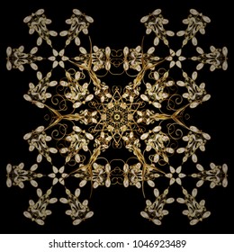 Flat snow doodle icons, snow flakes silhouette in black, beige and brown colors for christmas banner, cards. New year snowflake. Cute abstract snowflake vector design.