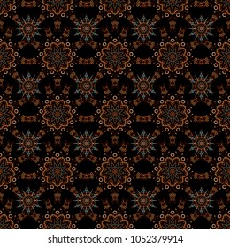 Flat snow doodle icons, snow flakes silhouette in brown and orange colors for christmas banner, cards. New year snowflake. Cute abstract seamless snowflakes vector design on black background.