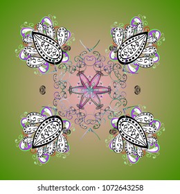 Flat snow doodle icons, snow flakes silhouette in colors for christmas banner, cards. New year snowflake. Cute abstract snowflakes vector design on colored background.