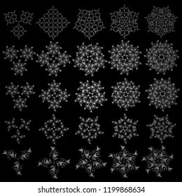 Flat snow doodle icons, snow flakes silhouette in silver colors for christmas banner, cards. New year set of 25 snowflake. Set of cute abstract snowflakes vector design on black background.