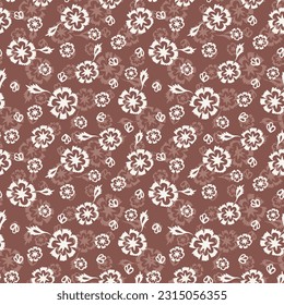 Flat snow doodle icons, snow flakes silhouette for Autumn banner, cards. New year snowflake on brown background. Cute abstract seamless snowflakes pattern.