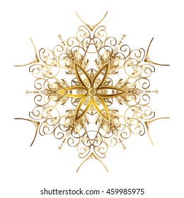 Flat snow doodle icons, snow flakes silhouette for christmas banner, cards. Cute abstract snowflake vector design on golden colors. New year snowflake.