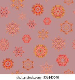 Flat snow doodle icons, snow flakes silhouette for christmas banner, cards. New year snowflake on gray background. Cute abstract seamless snowflakes vector pattern.