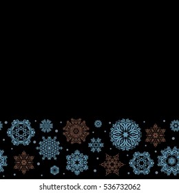 Flat snow doodle icons, snow flakes silhouette in blue and brown colors for christmas banner, cards. New year snowflake with copy space. Cute abstract seamless snowflakes vector on a black background.