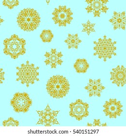 Flat snow doodle icons, snow flakes silhouette for christmas banner, cards. New year snowflake on neutral background. Cute abstract seamless snowflakes vector pattern.