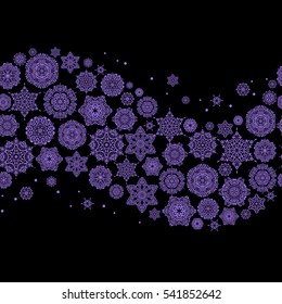 Flat snow doodle icons, snow flakes silhouette in violet colors for christmas banner, cards. New year snowflake. Cute abstract seamless snowflakes vector design on black background.