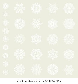 Flat snow doodle icons, snow flakes silhouette for christmas banner, cards. New year snowflake. Set of cute abstract snowflakes vector design on a beige background.