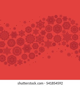 Flat snow doodle icons, snow flakes silhouette for christmas banner, cards. New year snowflake on pink background. Cute abstract seamless snowflakes vector pattern.