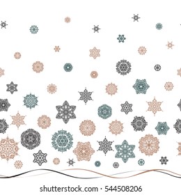 Flat snow doodle icons, snow flakes silhouette in beige, gray and blue colors for christmas banner, cards. New year snowflake. Cute abstract seamless snowflakes vector design on white background.